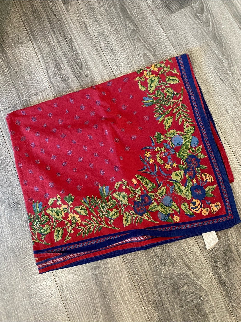 Vintage Williams Sonoma Provence Red Floral Border Tablecloth with Blue Trim